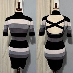 Y2K Bebe Striped Turtleneck Mini Bodycon Dress Crisscross Back Short Sleeve XS